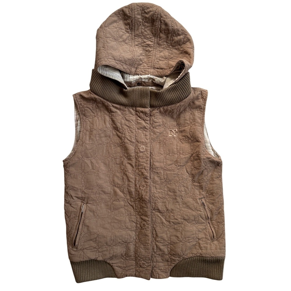 DC Shoes Quilted Hooded Vest Women XL Brown Cotton Plaid Lined Excellent Puffer